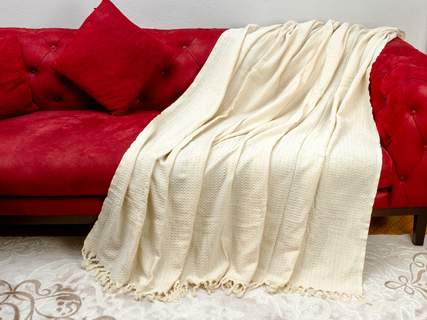 Buena Zeba Traditionelle Baumwolldecke mit Zickzack-Muster, Fransen, 200 x 235 cm